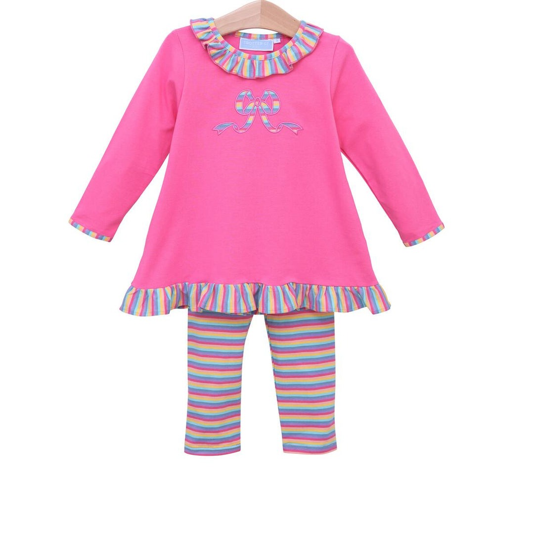 Pink Striped Bow Pant Set: 7