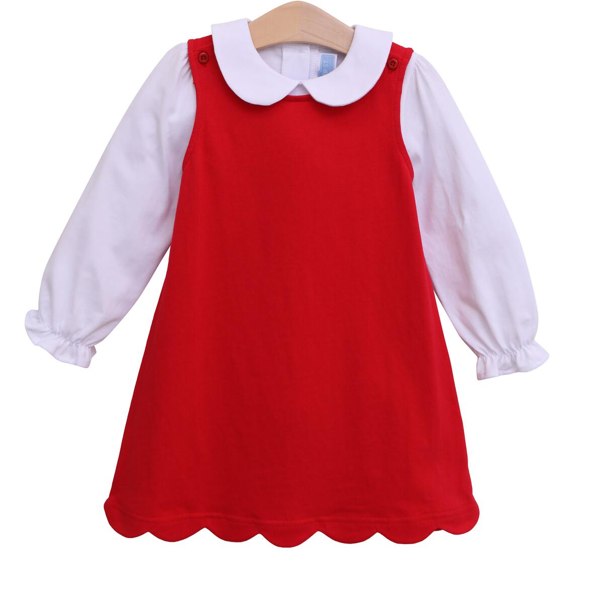 Red Scalloped Girls Jumper Dress White Shirt Sold Separately