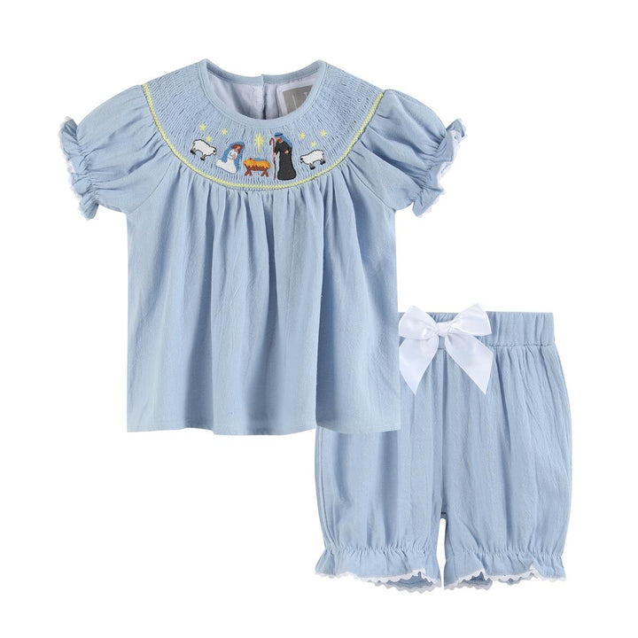 Light Blue Nativity Smocked Dress and Bloomers Set: 12-18M, 18-24M