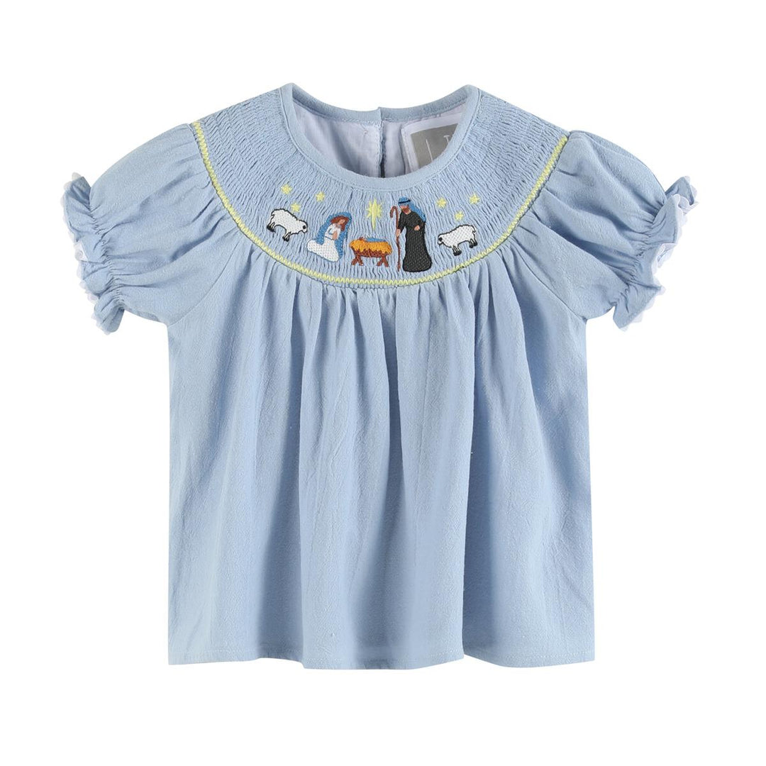 Light Blue Nativity Smocked Dress and Bloomers Set: 12-18M, 18-24M