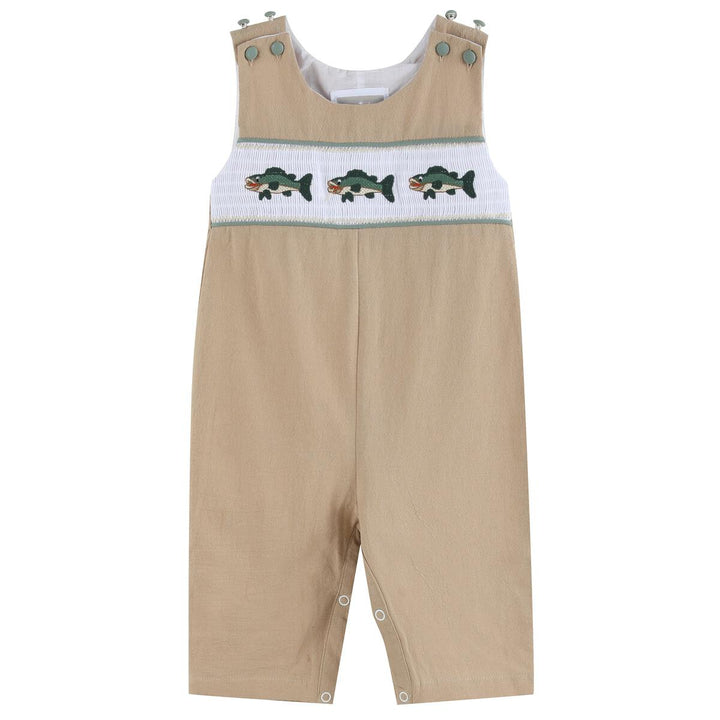 Oyster Brown Big Mouth Bass Smocked Overalls: 18-24M, 2T