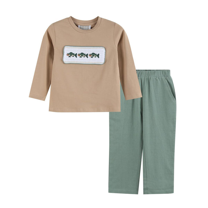 Oyster Brown Big Mouth Bass Smocked Shirt Boys Pants Set