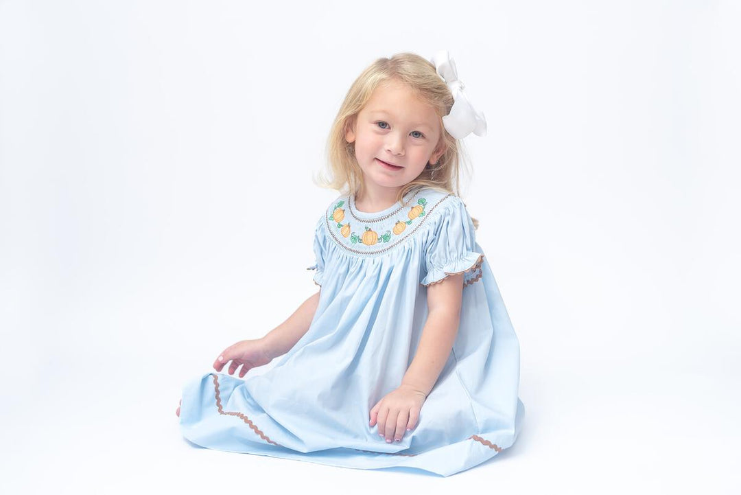 Blue Pumpkin Gingham Girls Smocked Bishop Dress: 4T