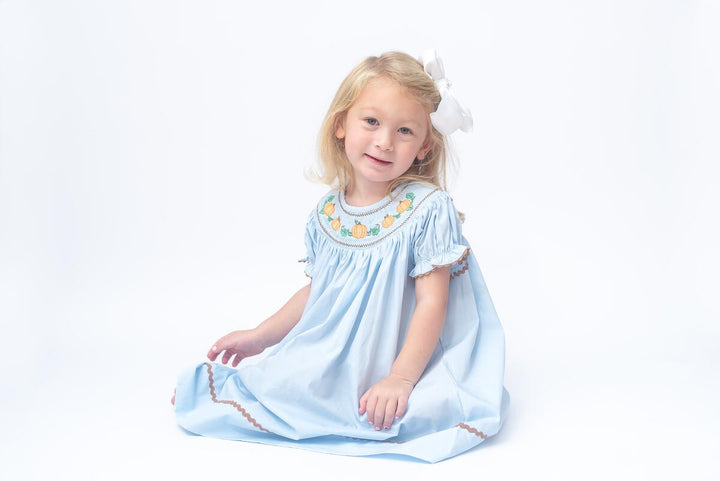 Blue Pumpkin Gingham Girls Smocked Bishop Dress: 4T