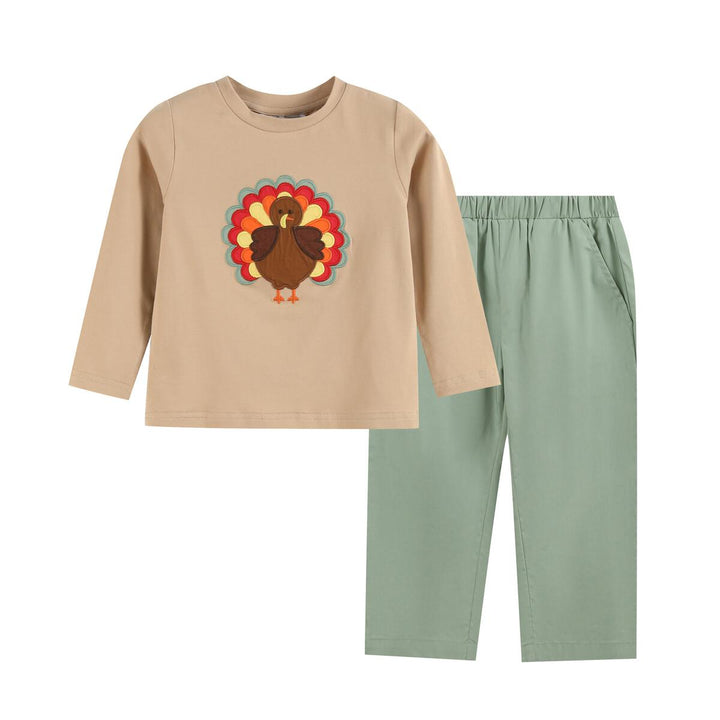 Light Brown Turkey Shirt and Sage Green Pants Set: 2T, 3T, 5