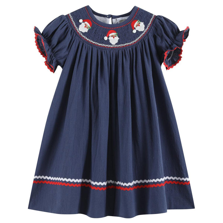 Navy Blue Santa Smocked Bishop Dress: 4T