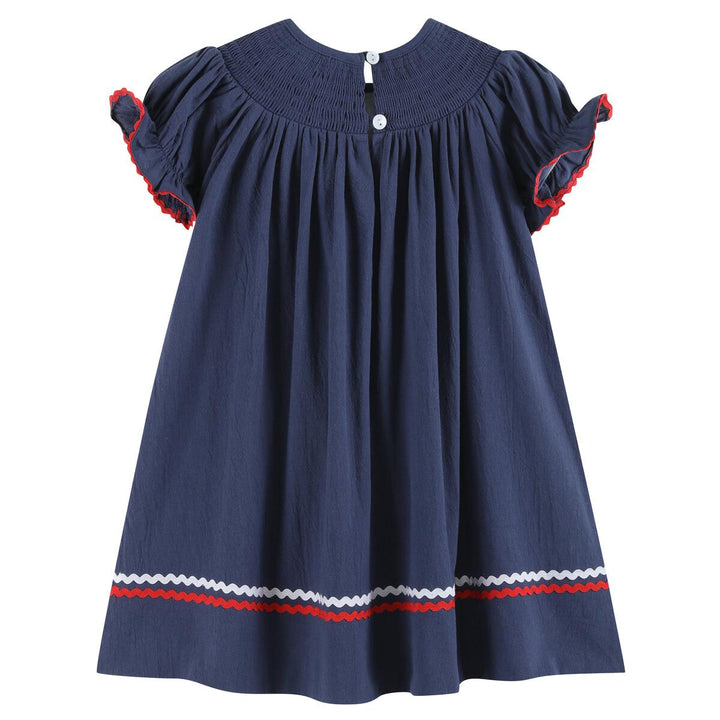 Navy Blue Santa Smocked Bishop Dress: 4T