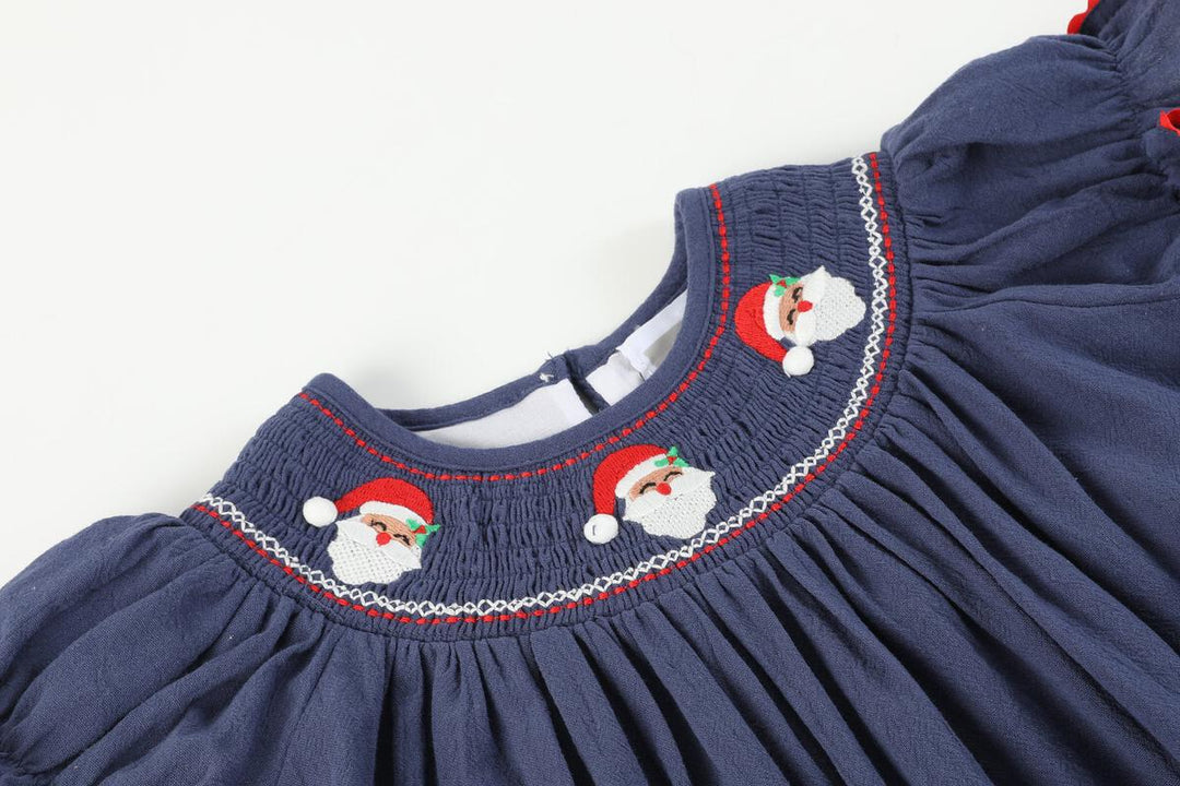 Navy Blue Santa Smocked Bishop Dress: 4T