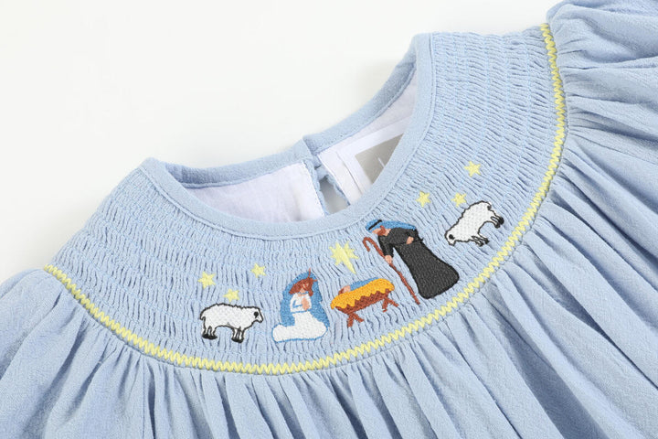 Light Blue Nativity Smocked Bishop Sleeve Dress: 18-24M