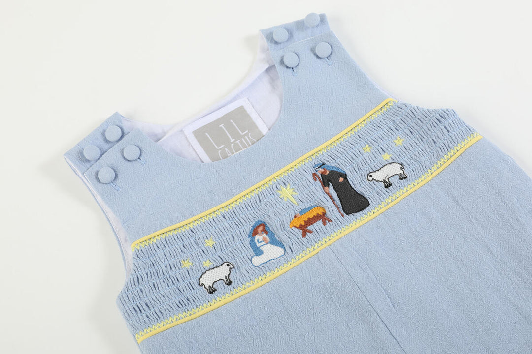 Light Blue Nativity Smocked Overalls: 2T