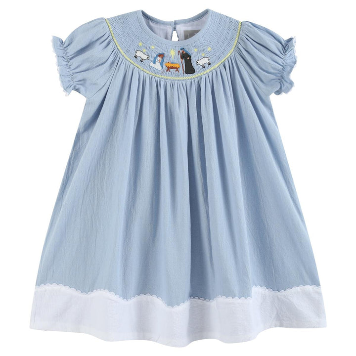 Light Blue Nativity Smocked Bishop Sleeve Dress: 18-24M