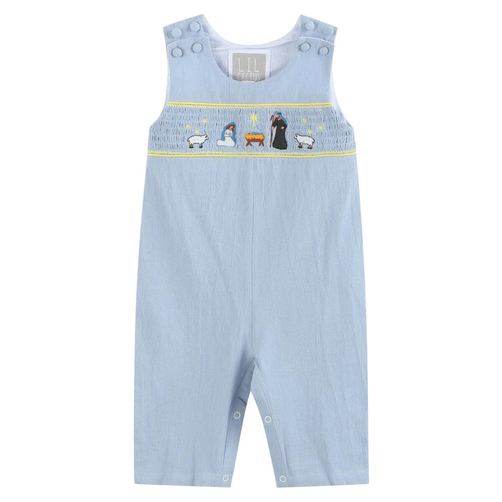 Light Blue Nativity Smocked Overalls: 2T