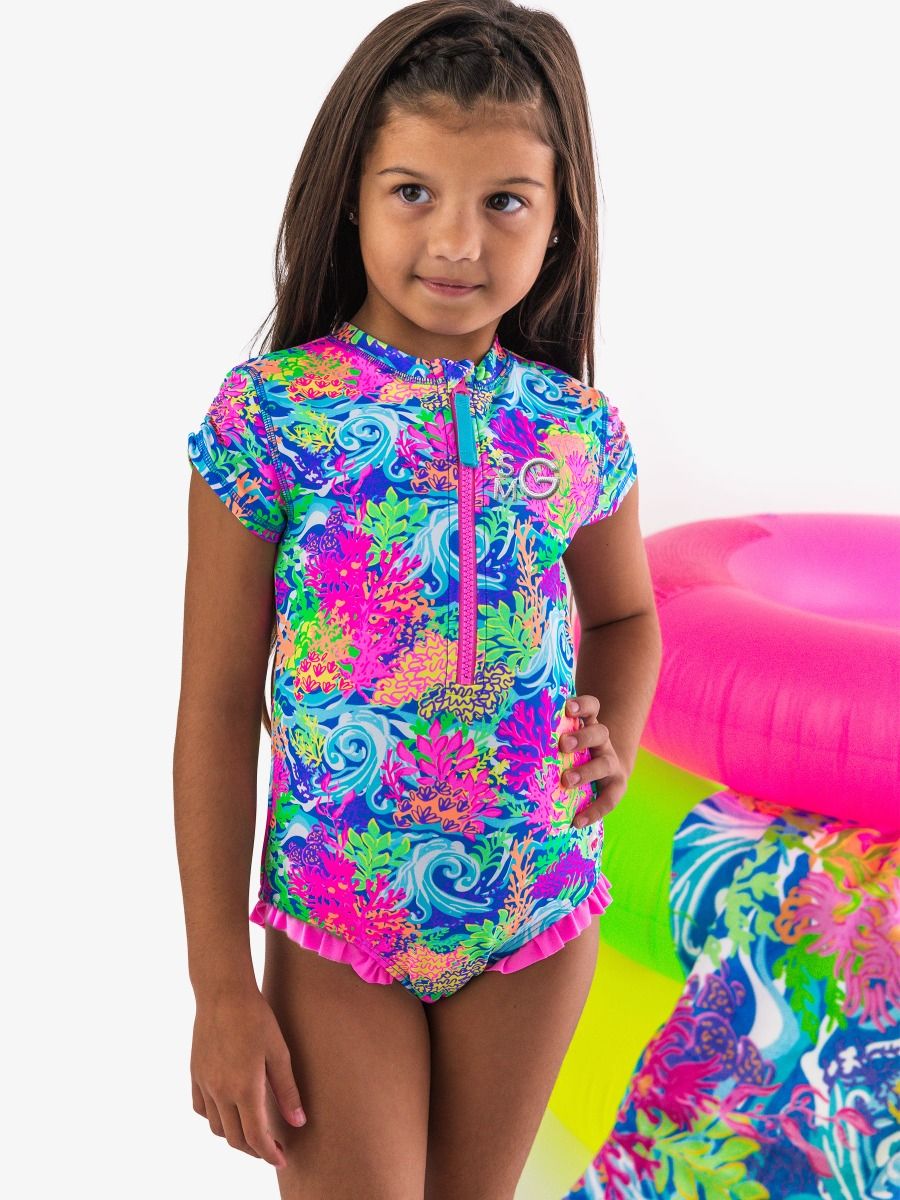 Girls Neon Ocean Coral Short Sleeve Rash Guard Swimsuit