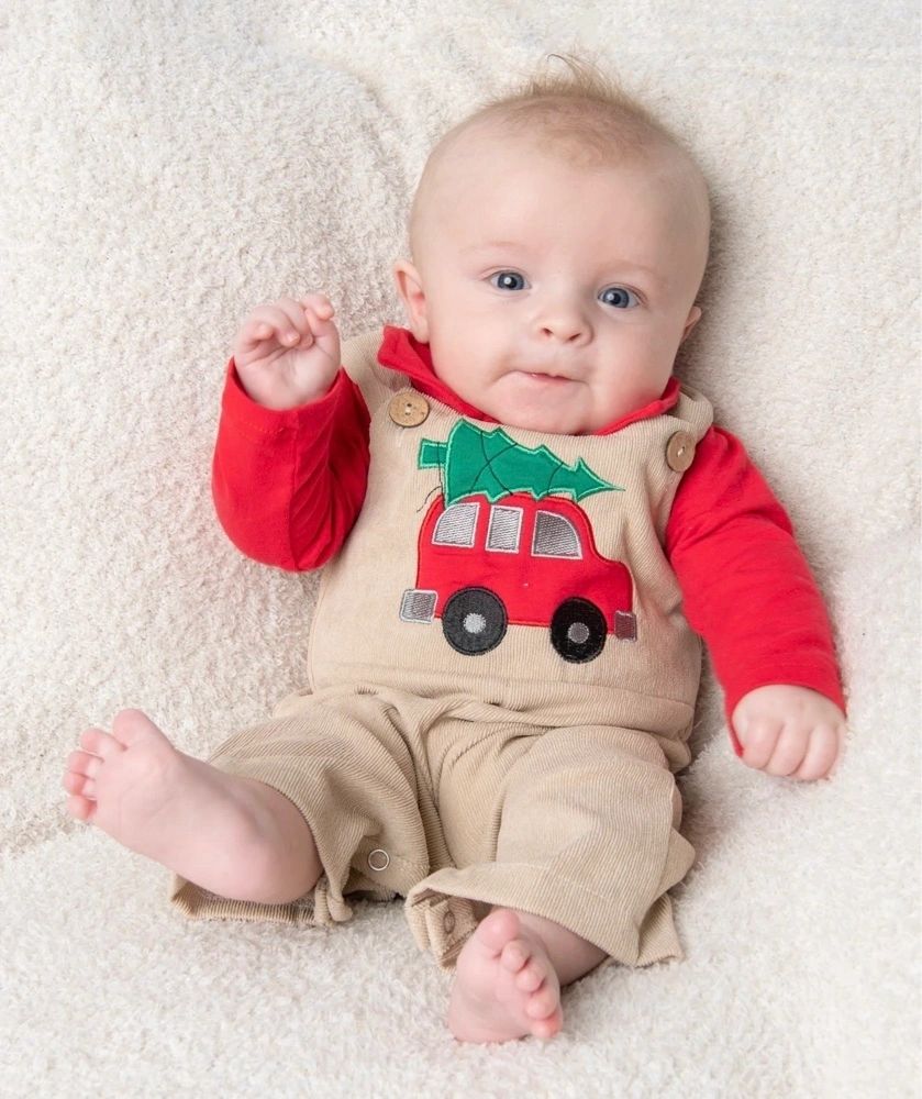 Red Polo Shirt and Christmas Tree Overalls