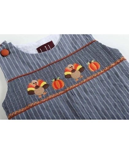 Blue-Gray Striped Turkey Smocked Overalls: 12-18M