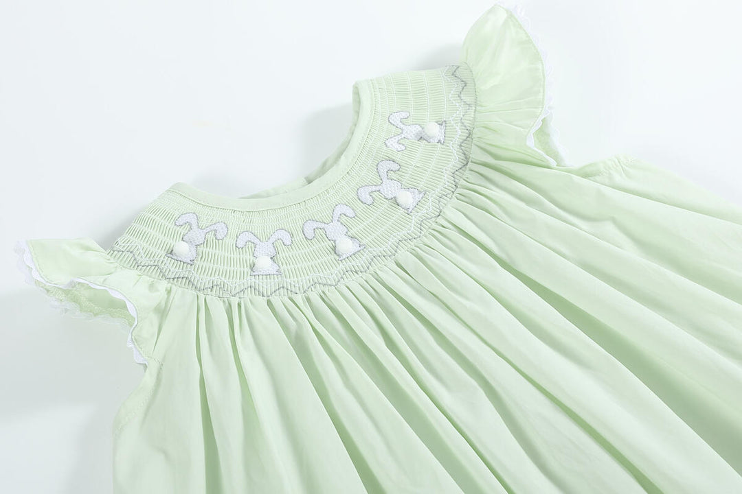 Light Green Bunny Smocked Bishop Dress