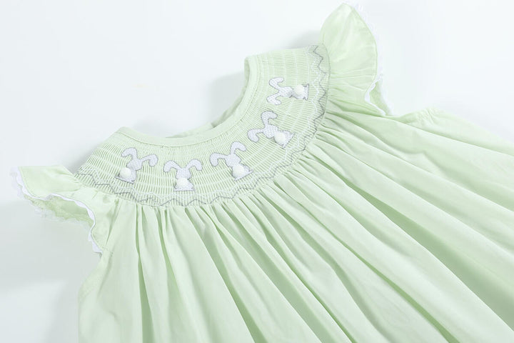 Light Green Bunny Smocked Bishop Dress