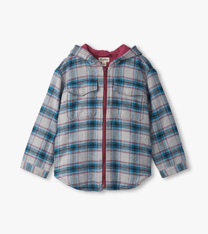 Boys Charcoal and Maroon Plaid Lined Hooded Jacket