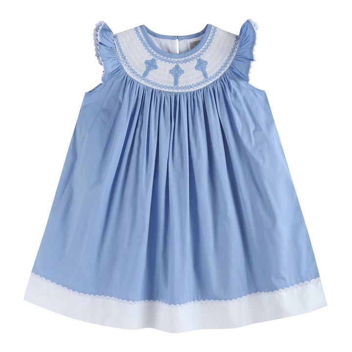 Periwinkle Blue Crosses Smocked Bishop Dress - Easter