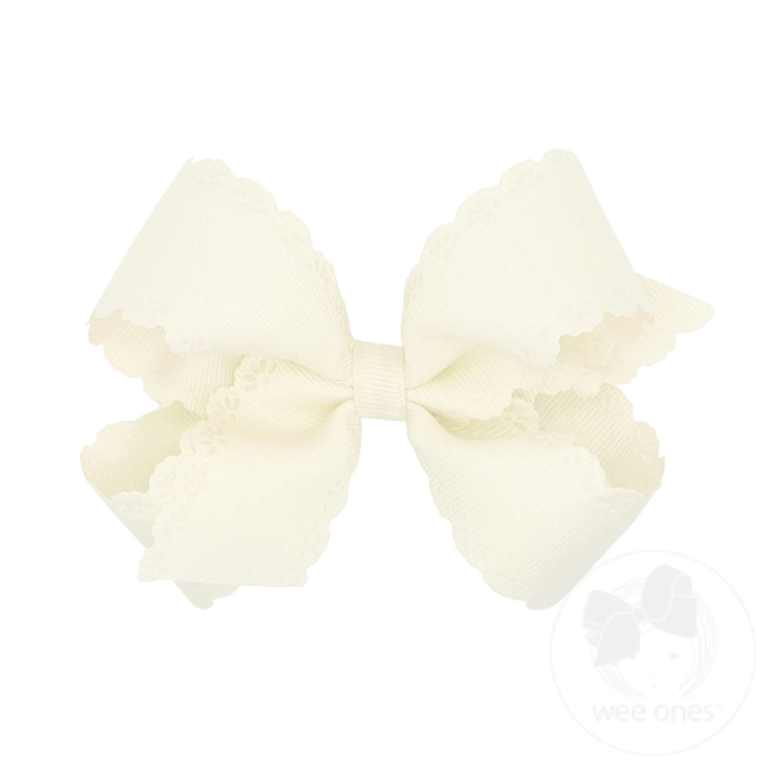 Medium Grosgrain Bow with Eyelet Flower-Embossed Edges | Antique White