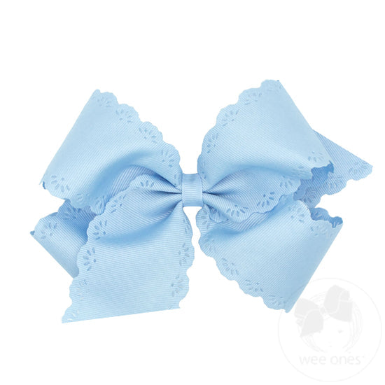 Small King Grosgrain Bow with Eyelet Flower Embossed Edges - Millenium Blue