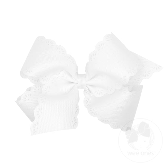 Small King Grosgrain Bow with Eyelet Flower Embossed Edges - White