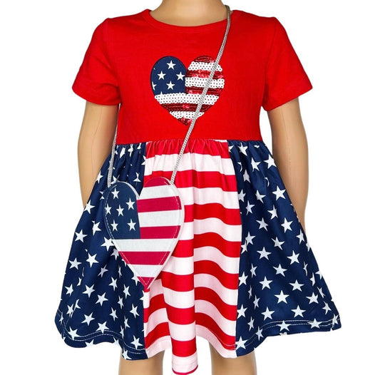Patriotic Heart Sequin Dress with matching purse 3T, 4T, 5T, 6,7,8