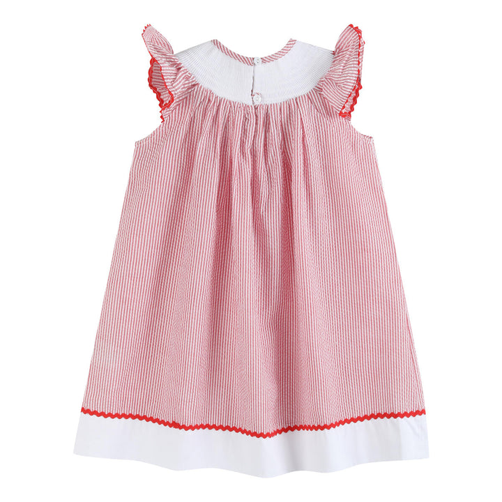 Red Seersucker Strawberry Smocked Bishop Dress