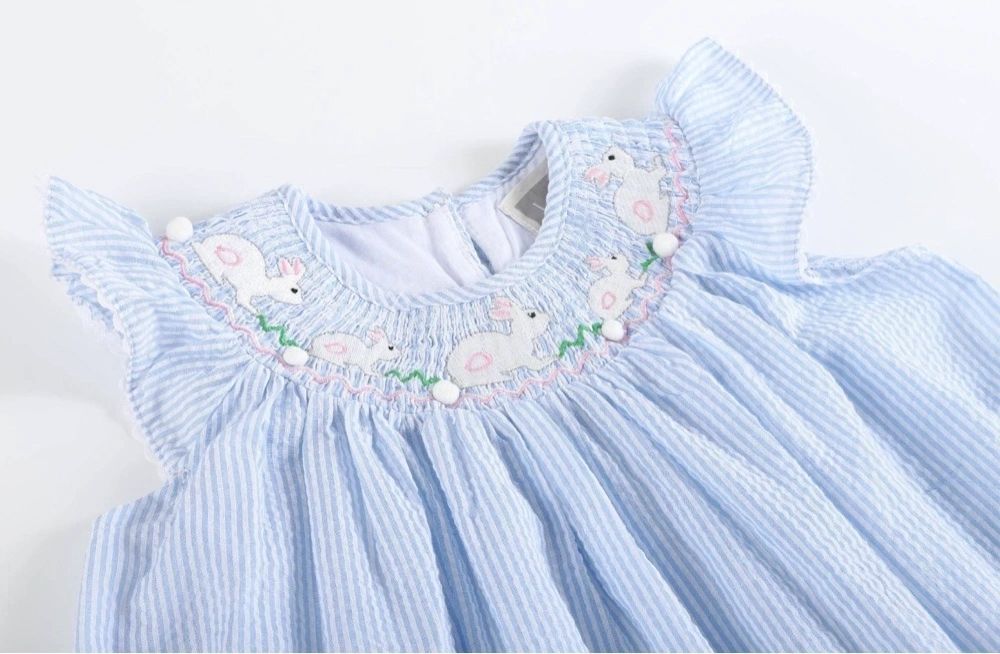 Blue Seersucker White Bunnies Smocked Bishop Dress: 6-12M, 18-24M