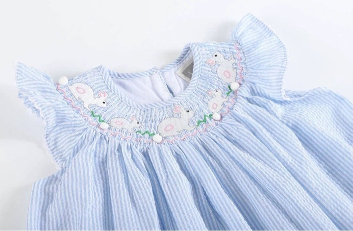 Blue Seersucker White Bunnies Smocked Bishop Dress: 6-12M, 18-24M