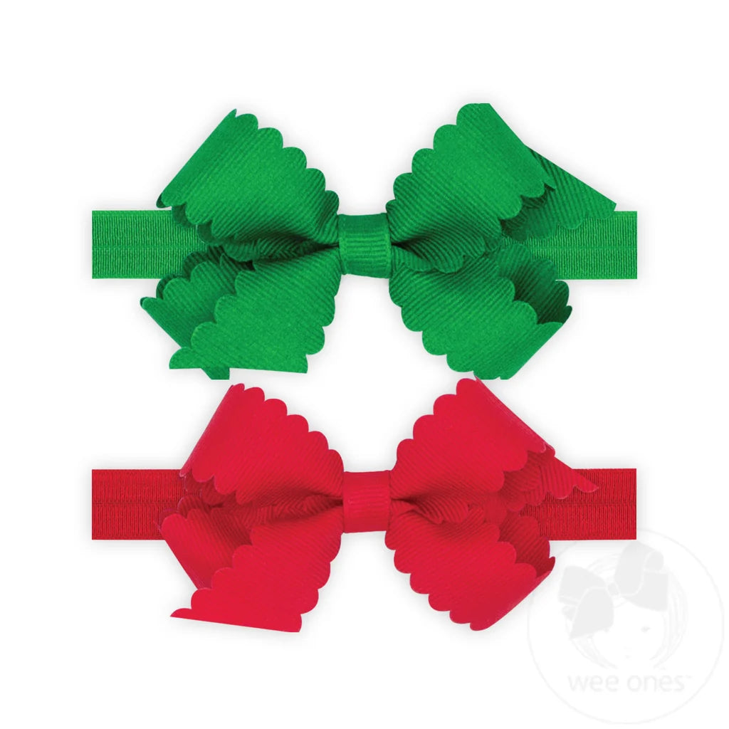 Two Mini Scallop Bows With Bands | Green/Red