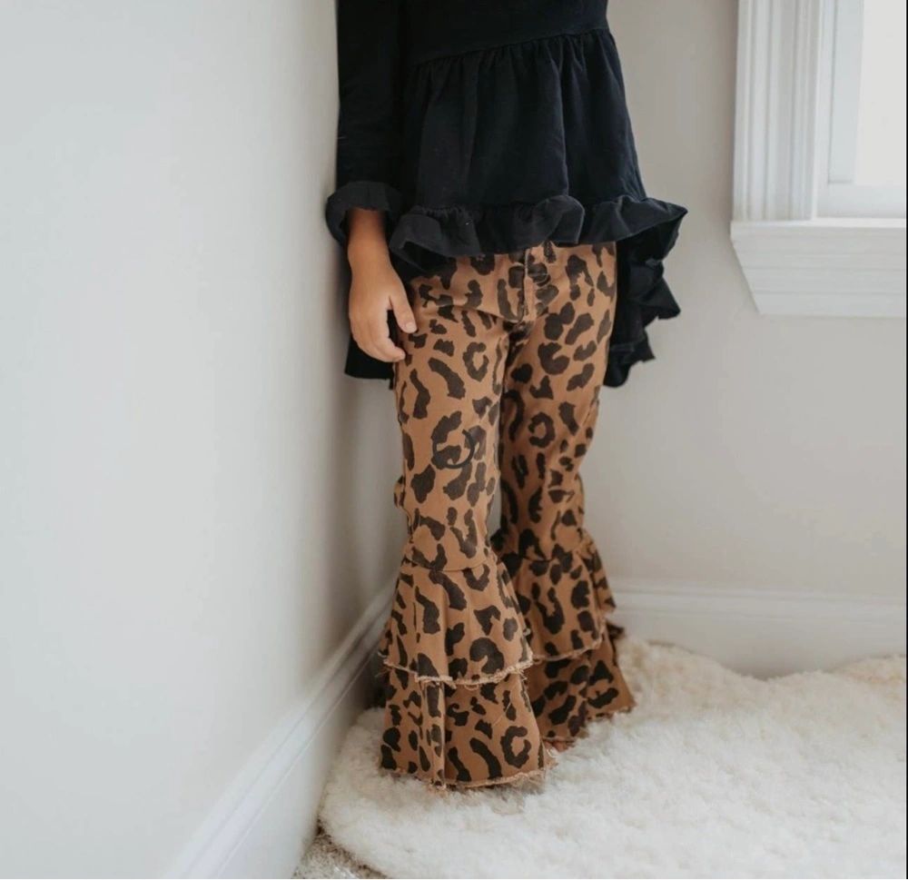 Girls Leopard Double Ruffle Flare Denim Jeans: 6,14