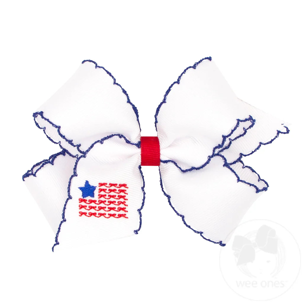 Medium Patriotic Embroidery on Moonstitch Edge Hair Bow - Flag
