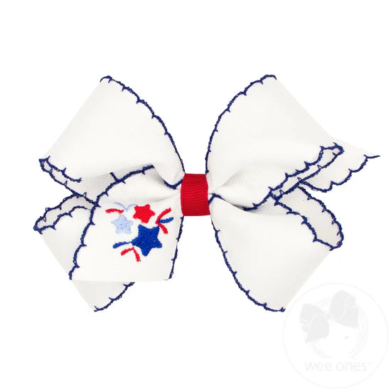 Medium Patriotic Embroidery on Moonstitch Edge Hair Bow - Firework