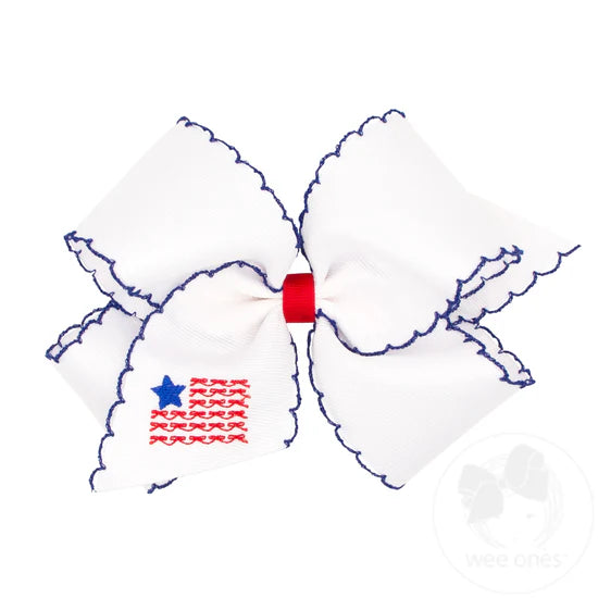 King Patriotic Embroidery on Moonstitch Edge Hair Bow - Flag