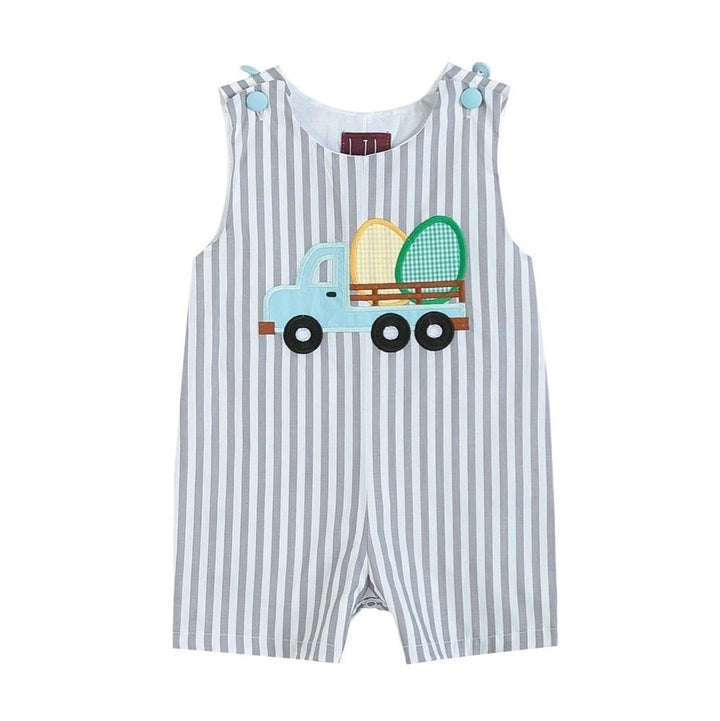 Grey Striped Easter Egg Truck Shortalls: 3-6M, 6-12M, 18-24M, 2T