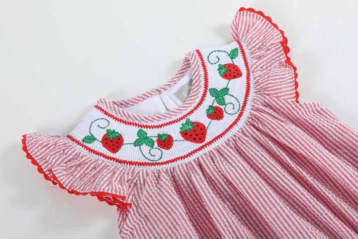 Red Seersucker Strawberry Smocked Romper