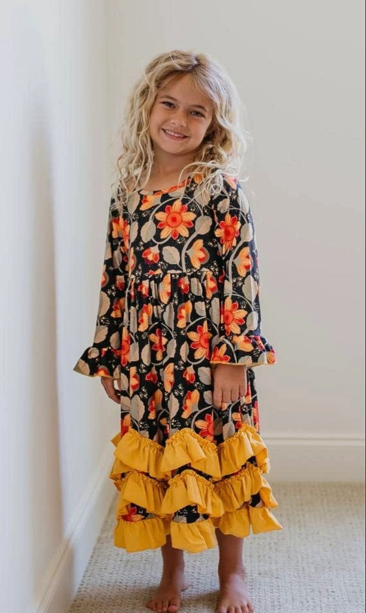 Black/Mustard Floral Twirl Dress