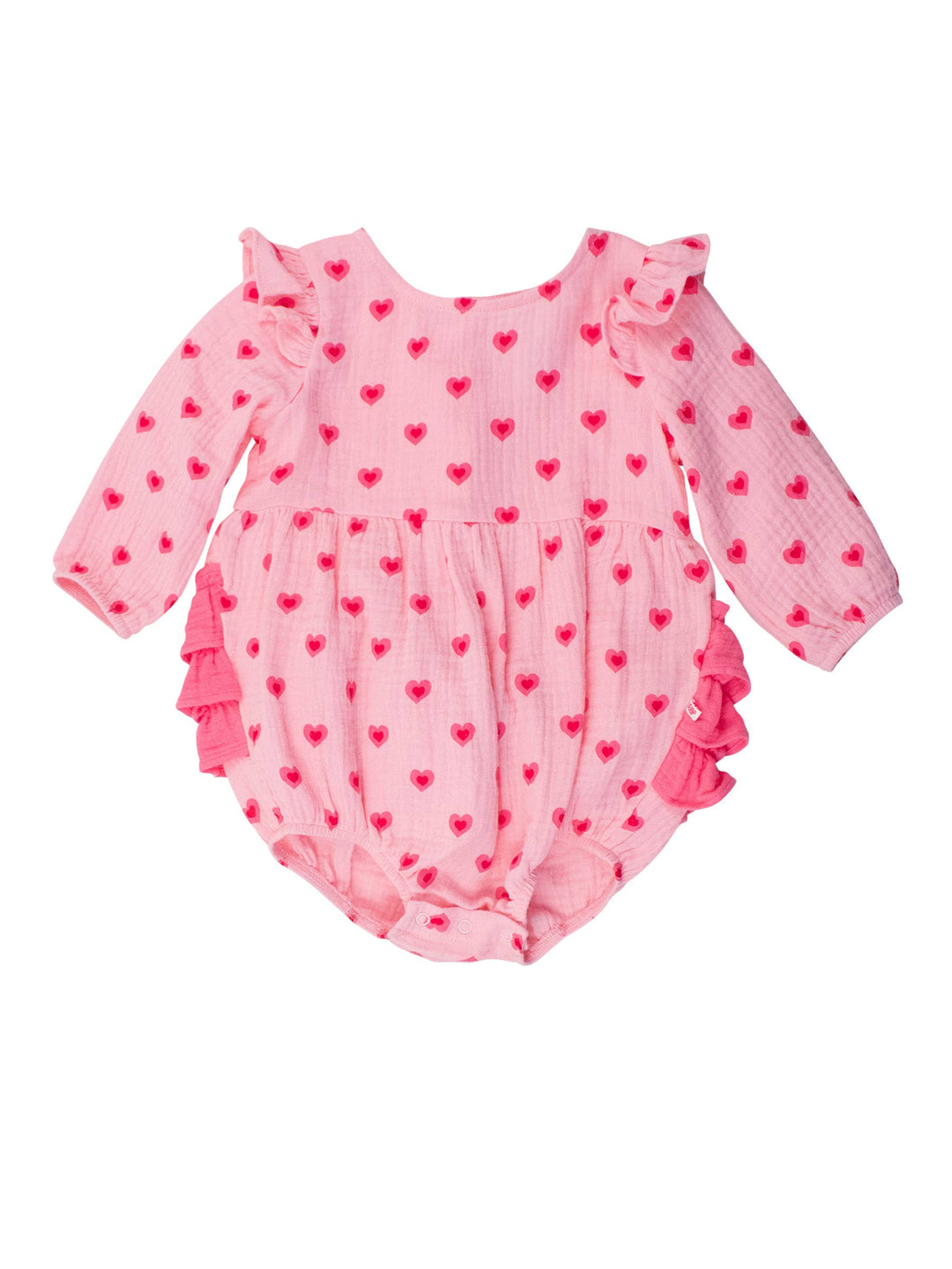 Baby Girls I Heart You Cotton Gauze Long Sleeve Flutter Bubble Romper