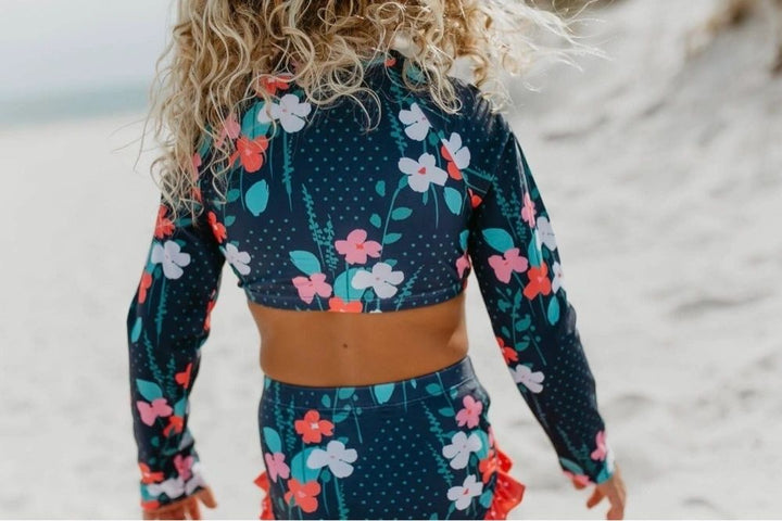 Navy Floral Two Piece Rashguard Swimsuit UPF 50+: 5,8