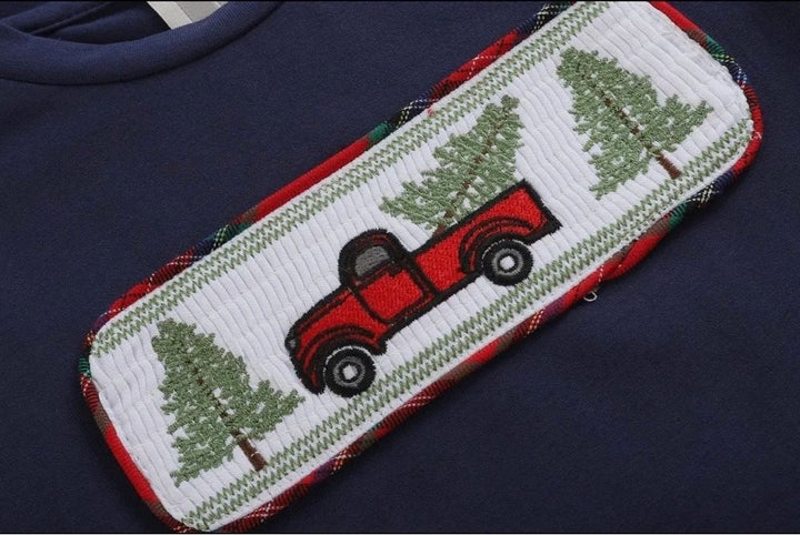 Red Plaid and Green Christmas Tree & Truck Smocked Shirt and Pants Set