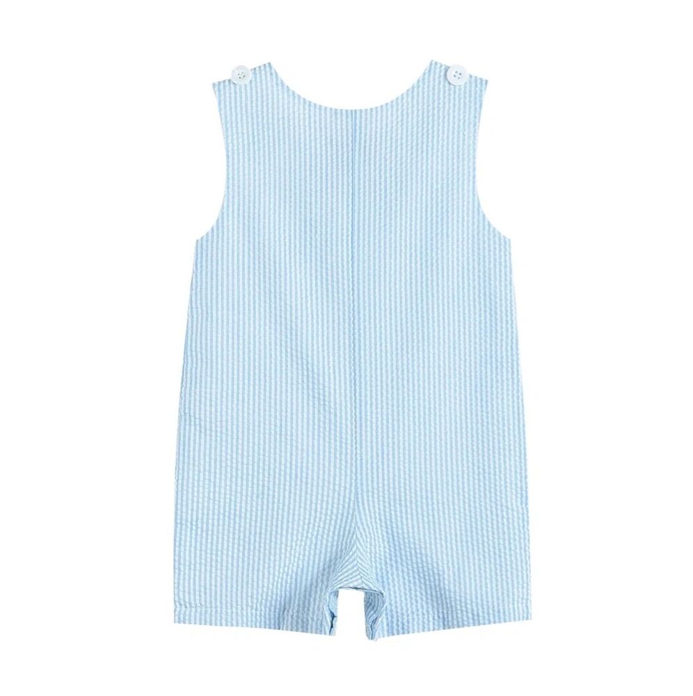 Light Blue Seersucker Fuzzy Bunny Shortalls: 18-24M