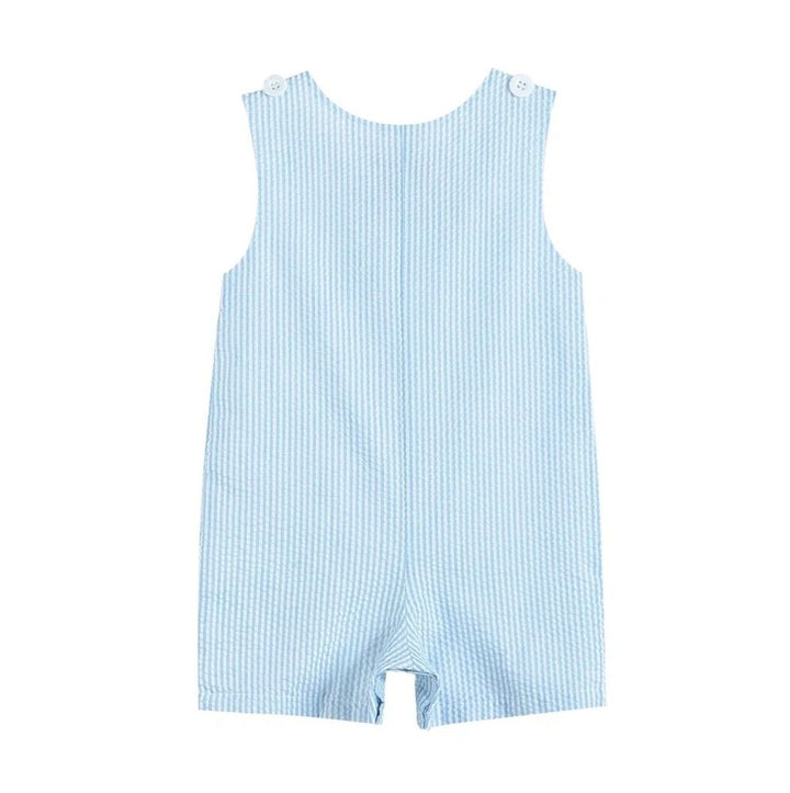 Light Blue Seersucker Fuzzy Bunny Shortalls: 18-24M