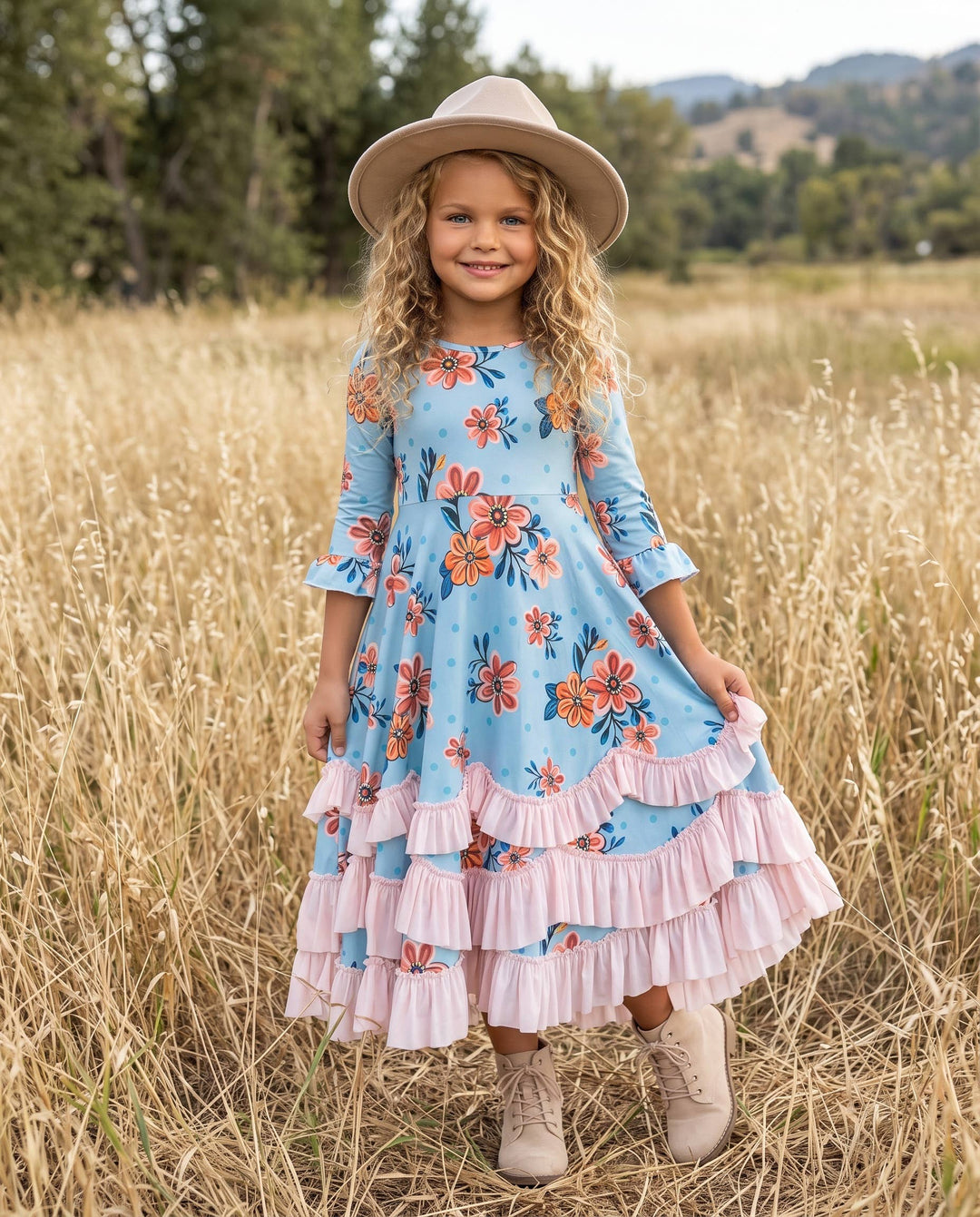 Girls Bella Blue & Blush Winter Garden Twirl Ruffles Dress
