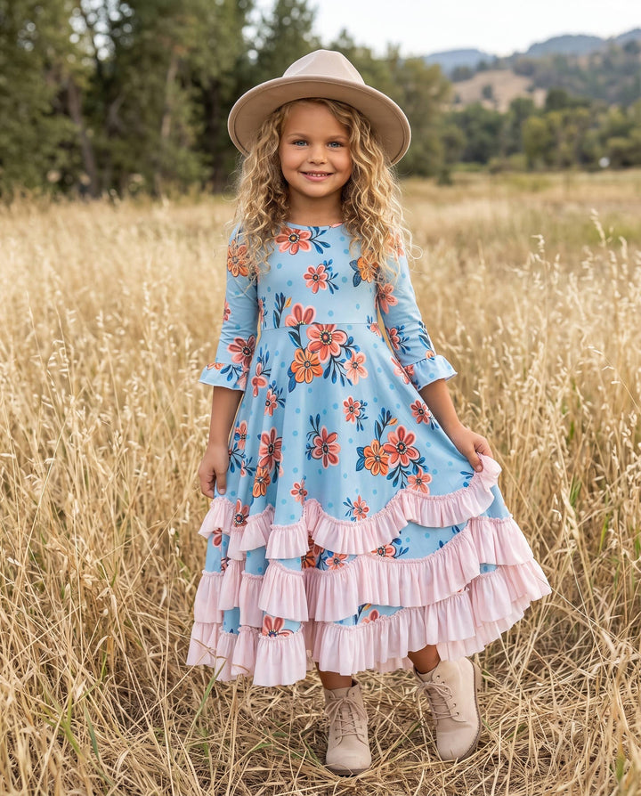 Girls Bella Blue & Blush Winter Garden Twirl Ruffles Dress