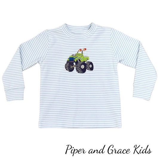 Squiggles Blue and White Monster Truck Crewneck Long Sleeve Shirt - Pima Cotton: 12M, 18M, 24M