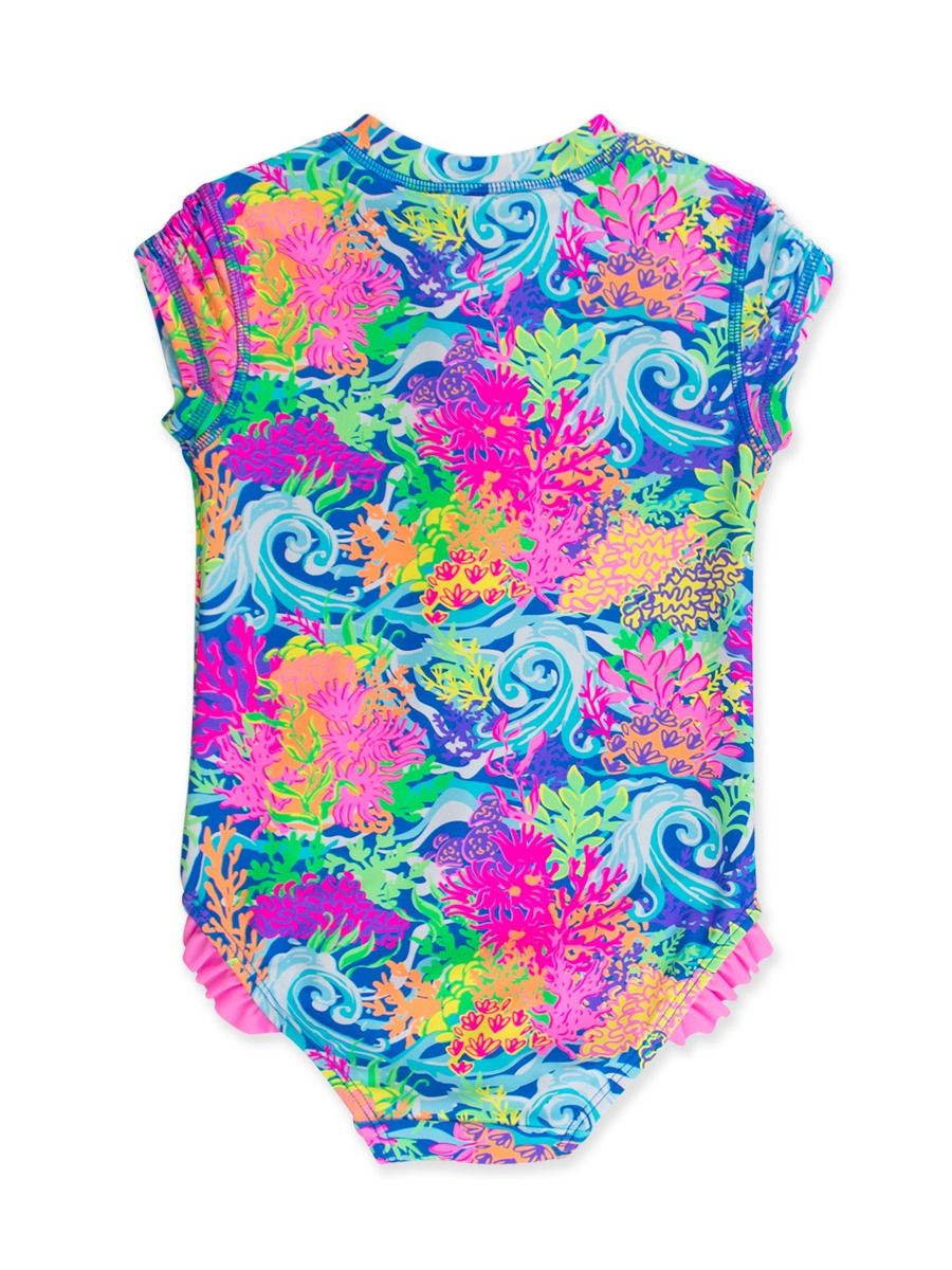 Girls Neon Ocean Coral Short Sleeve Rash Guard Swimsuit