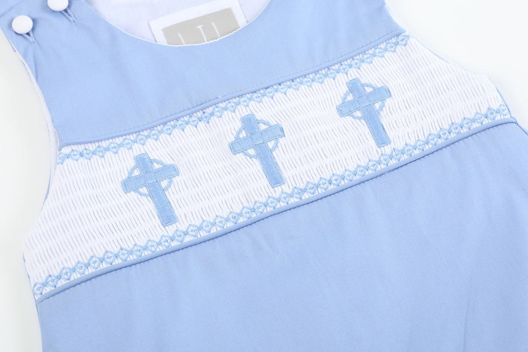 Periwinkle Blue Crosses Boys Smocked Shortalls - Easter