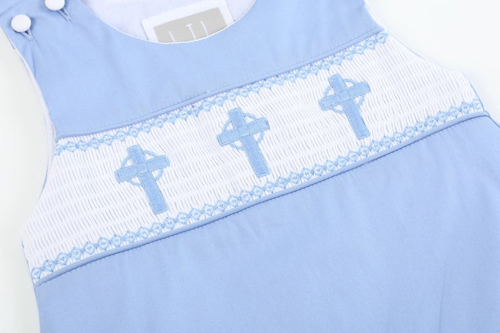 Periwinkle Blue Crosses Boys Smocked Shortalls - Easter