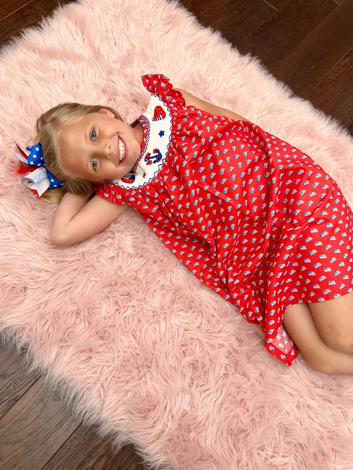 Angeline Kids - Girls July 4th Flag Hand Smocked Dress: 5,7